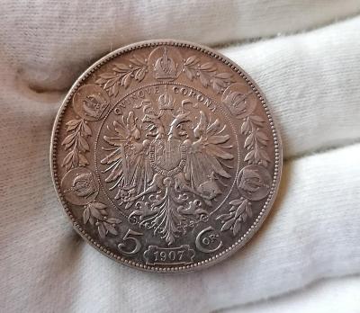 5 koruna 1907 bz, mincovna Vídeň, FJI, patina