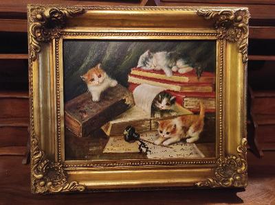 Starý krásný obraz - Olej/Dřevo - Koťátka - Autor Heinrich