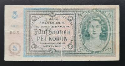 5 korun bez data (1940), neperforovaná, série B 001.