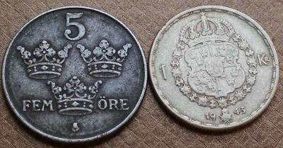 Švédsko 1 Koruna + 5 ore  obě  1943    (  1 koruna je ag.)     velmi p