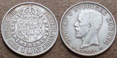 Švédsko 1 Koruna , krone 1935  pěkná !!  ag. 