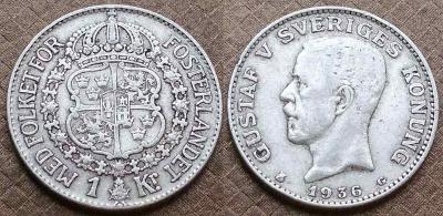 Švédsko 1 Koruna , krone 1936  pěkná !!  ag. 