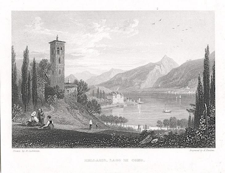 Bellagio Lago di Como, oceloryt, 1850 - Staré mapy a veduty