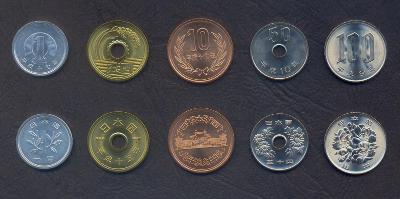 JAPONSKO SADA MINCI 1+5+10+50+100 Yen 1997-2017 5 ks UNC