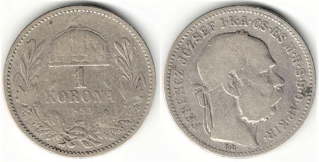 1 Korona 1893 K.B., Ag stříbro - František Josef I. - Rakousko-Uhersko numismatika