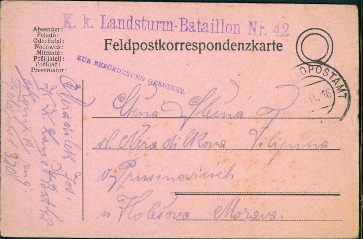 10C712 Polní pošta Landsturm Battailon 42 - Prusinovice  - Sběratelství