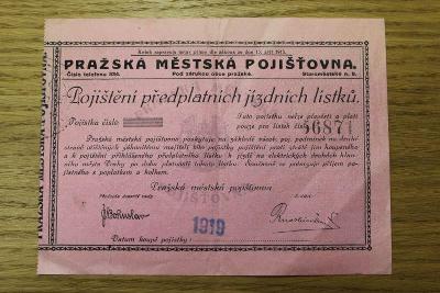 Pražská městská pojištovna - pojištění ztráty jízdních lístků 1919