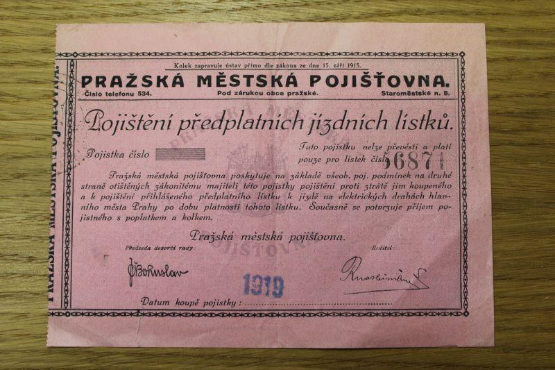 Pražská městská pojištovna - pojištění ztráty jízdních lístků 1919 - Sběratelství dopravy