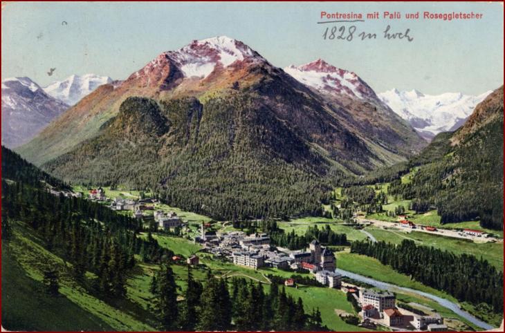 Pontresina * celkový pohled, ledovec, hory, Alpy * Švýcarsko * Z1172 - Pohlednice