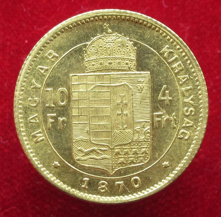 4 Zlatník 1870, František Josef I. - Zlaté mince a dukáty - numismatika