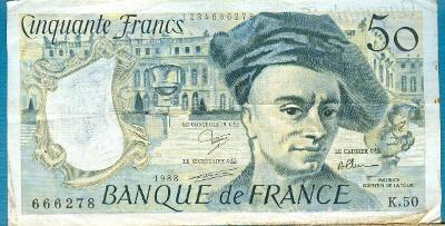 Francie 50 franků 1988 z oběhu - bez dírek - popsaná zezadu