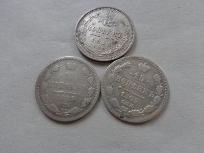 3ks stříbrných Ruských 15. Kopějek 1899, 1903, 1914