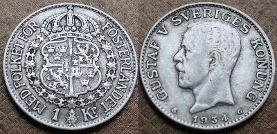 Švédsko 1 Koruna , krone 1934  velmi vzácná   pěkná !!  ag. 