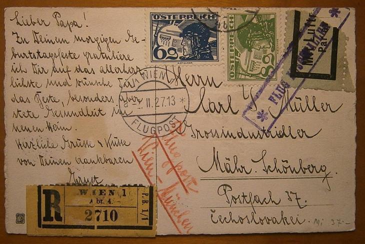 Rakousko Flugpost - pohlednice přání, zajímavá frankatura (1927)