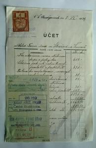 Účet, 7.6.1939,protektorát, Čs.kolek, České Budějovice, Strážov Šumava