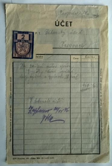 Účet, 1946, děkanství, Kasejovice - Starožitnosti a umění