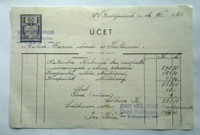 Účet, 1941, fara Kotouň, České Budějovice