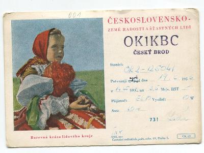 Lidový kroj, dívka-karta QSL, potvrzení o rádiov. spojení r. 1956