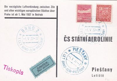 Brno, letecká pošta, příl. pohlednice a razítko 1.5.1937- Slovensko,