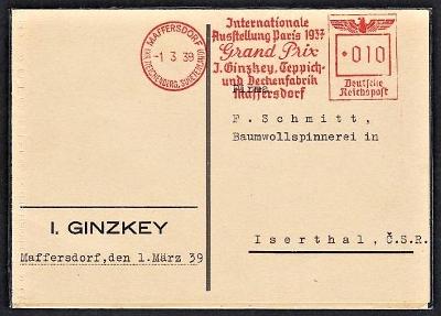 LIBEREC VRATISLAVICE MAFFERSDORF SUDETY FRANKOTYP GINZKEY PODPIS 1939