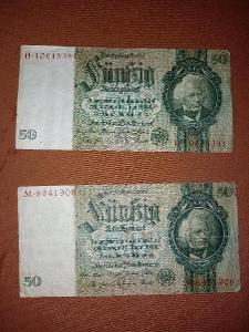 Staré bankovky 2 kusy: 50 říšských marek série H a M
