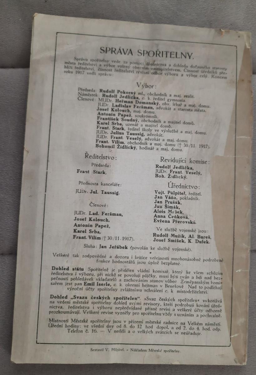 ročenka Městská Spořitelna Benešov 1917 - Knihy