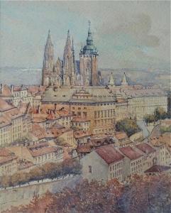 Pražský hrad ze Strahova, akvarel, signováno tužkou, 69x50cm,sklo, rám