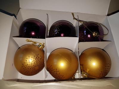 vánoční ozdoby sklo zlatá a fialová 6 kusů