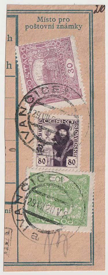 4538 - ČSR I., Alfons Mucha, útržek průvodky vyfr.smíšenou frankaturou