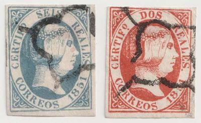 Španělsko, 1851, 2 R a 6 R Isabella, mimořádně vzácné známky !!!