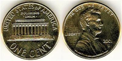 1 Cent 2001 D, pozlacený - USA