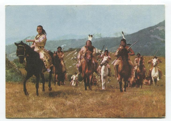 VINNETOU - záběr z filmu, indián, herci, koně
