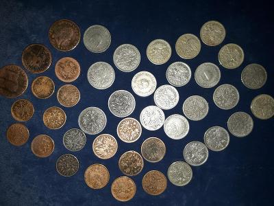 konvolut starých mincí - 1 ha, 2 ha, 10 fillér, 20 fillér a 1 krejcar