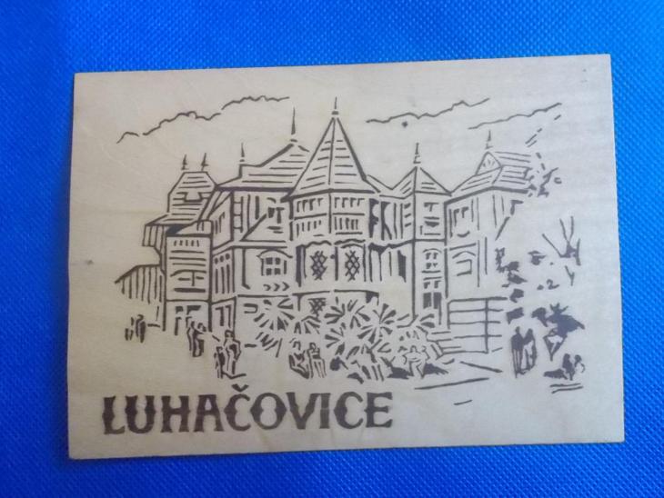 Dřevěná pohlednice dýha Zlín Lázně Luhačovice  - Pohlednice místopis