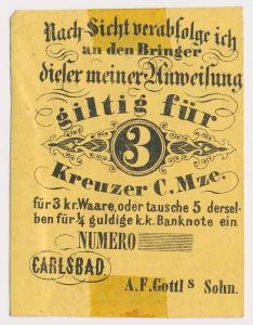 Čechy, Karlovy Vary (Carlsbad), 3  Krejcar, 1849, peněžní poukázka 
