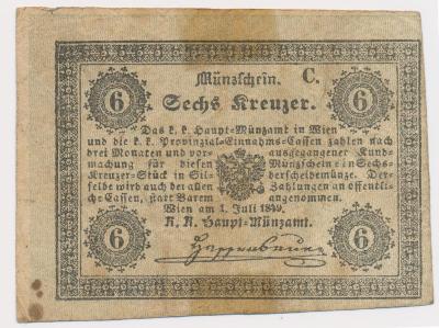 Vídeň , 6 Krejcar, 1849, peněžní poukázka pro české země, hledané