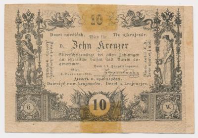 Vídeň , 10 Krejcar, 1860, peněžní poukázka pro české země, hledané