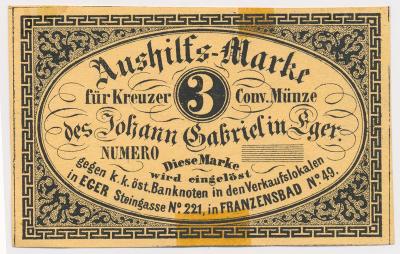 Čechy, Cheb (Eger), 3 Krejcar, 1849, peněžní poukázka 