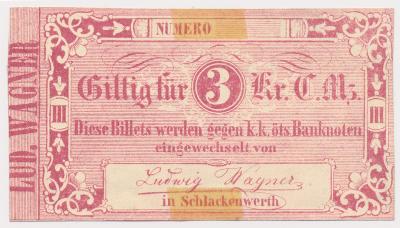 Čechy, Ostrov (Schlackenwerth) , 3  Krejcar, 1849, peněžní poukázka