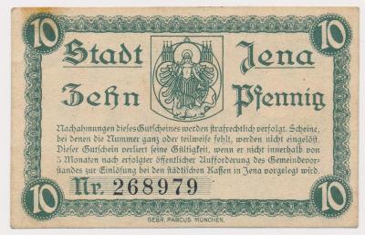 Jena,  10 Pfennig, 1920,  peněžní poukázka, stav 0