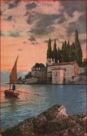 Lago di Garda * kostel, lodě, jezero, hory, Alpy * Itálie * Z1626 - Pohlednice