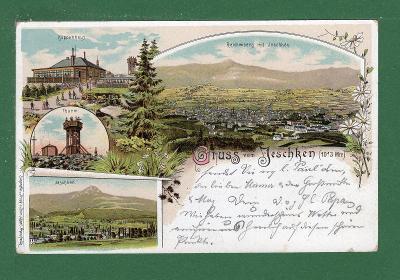 Ještěd stará bouda a rozhledna litografie Liberec 1900