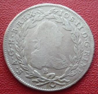 pěkný stříbrný 20 krejcar 1781 B  Josef II.  Kremnice