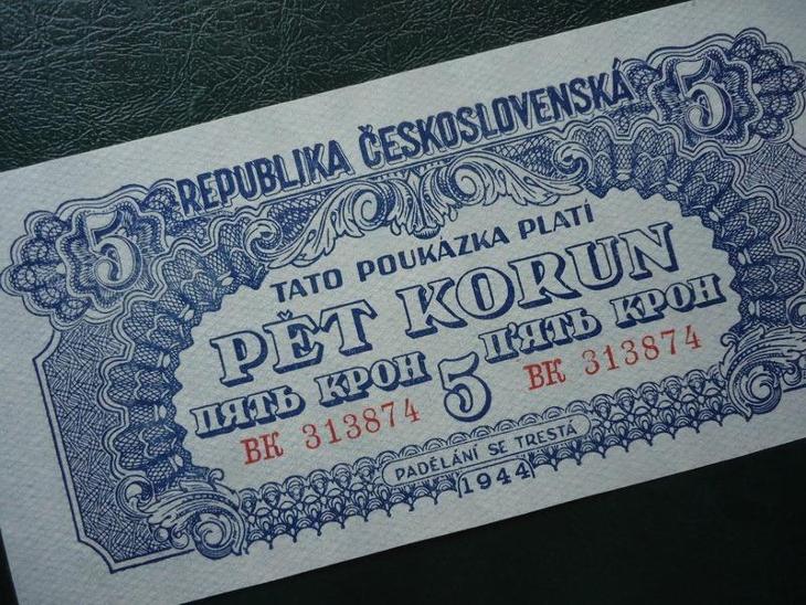 5 korun 1944  Serie BK Neperforovana UNC ORIGINAL - Bankovky ČSR/ČR