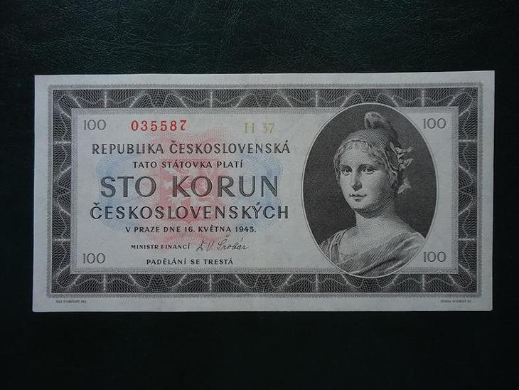 100 Korun 1945 VZACNA serie H 37 Neperforovana  Luxusni Stav ORIGINAL - Bankovky ČSR/ČR