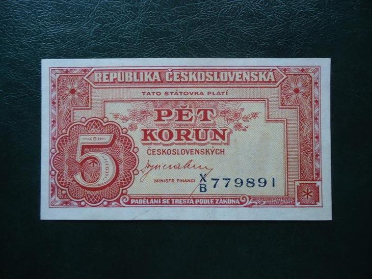 5 korun 1945 Serie XB Neperforovana UNC ORIGINAL - Bankovky ČSR/ČR