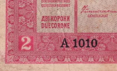 2 Kronen (Korona) 1917 černý číslovač s "A", série A 1010 !