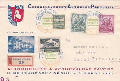 Auto, moto sport, R- Bohdaneč, Pardubice, příl. obálka a razítko 1937-