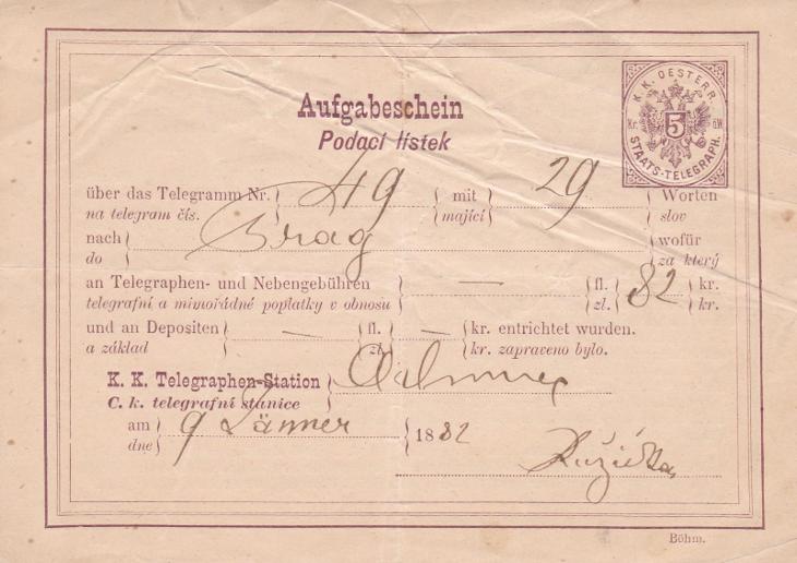 Rakousko, podací lístek ??, 1882, 82 kr. - Praha, bez razítka. - Celiny