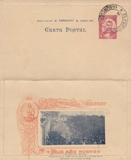 Amerika, Paraguay, zálepka, razítko Asunción 1901, tištěný obsah. - Celiny